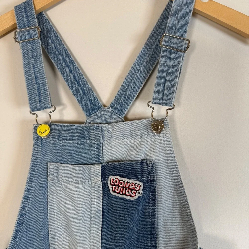 Justice Looney Tunes Denim Shortalls Kids Size 12 Blue Colorblock Patchwork